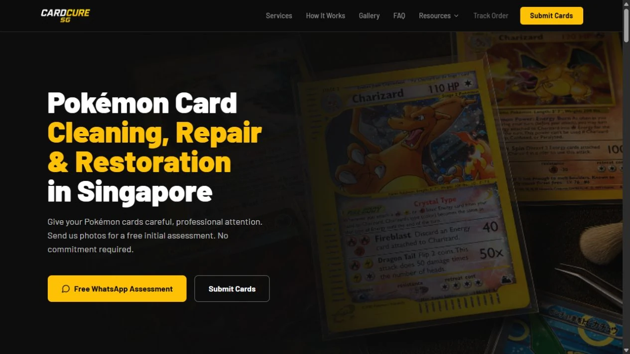CardCureSG website, showing its card cleaning and restoration offer