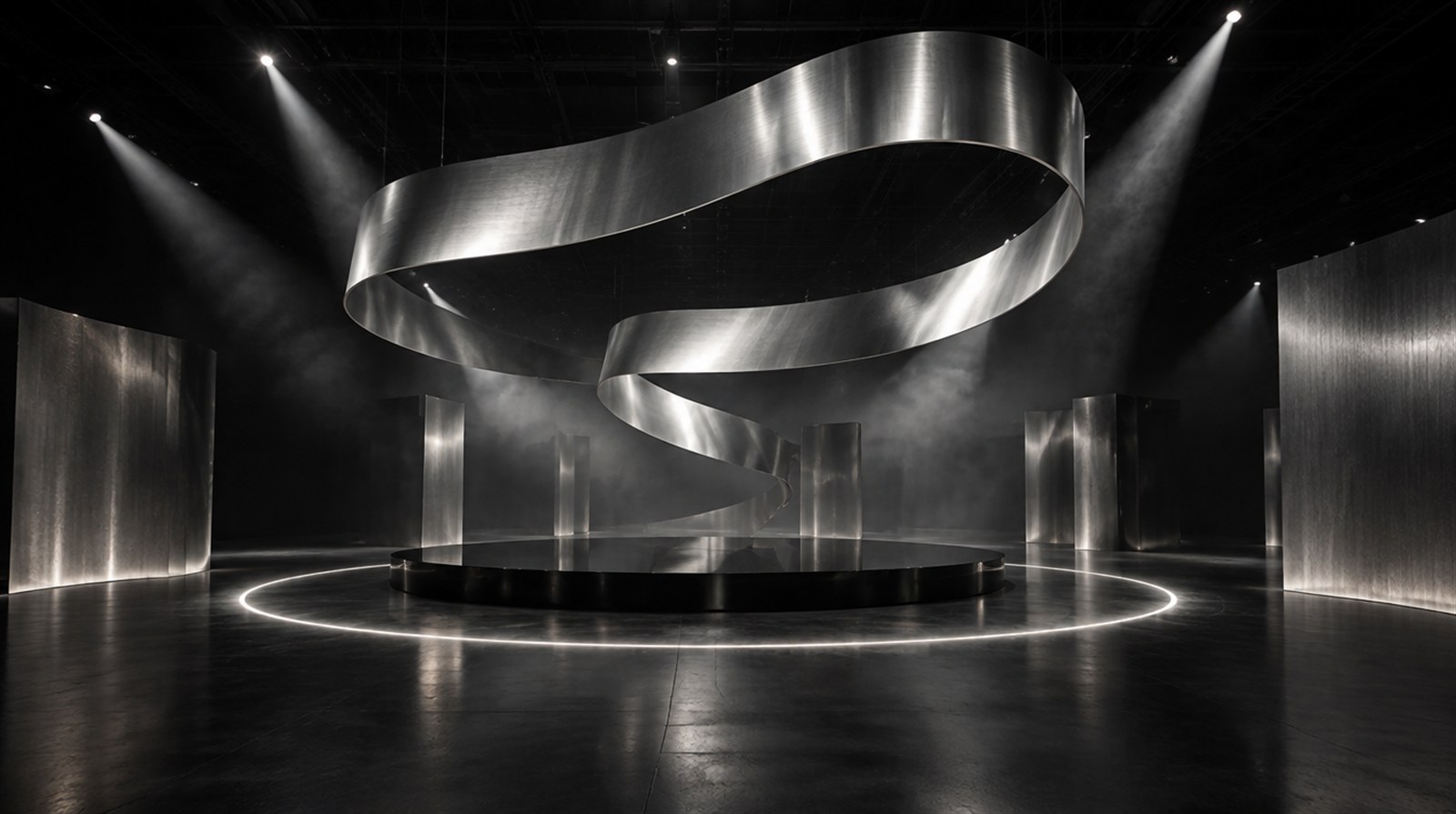 Imagined silver installation suspended above a reflective gallery plinth