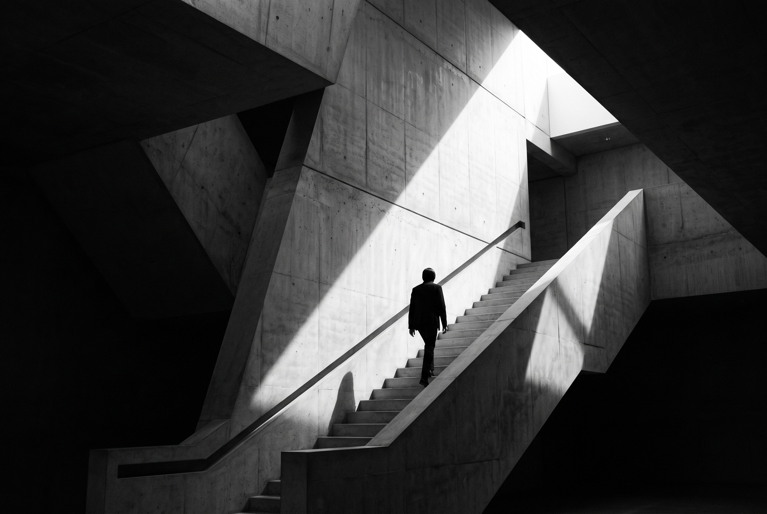 Anonymous fictional figure on a sculptural staircase in dramatic monochrome light